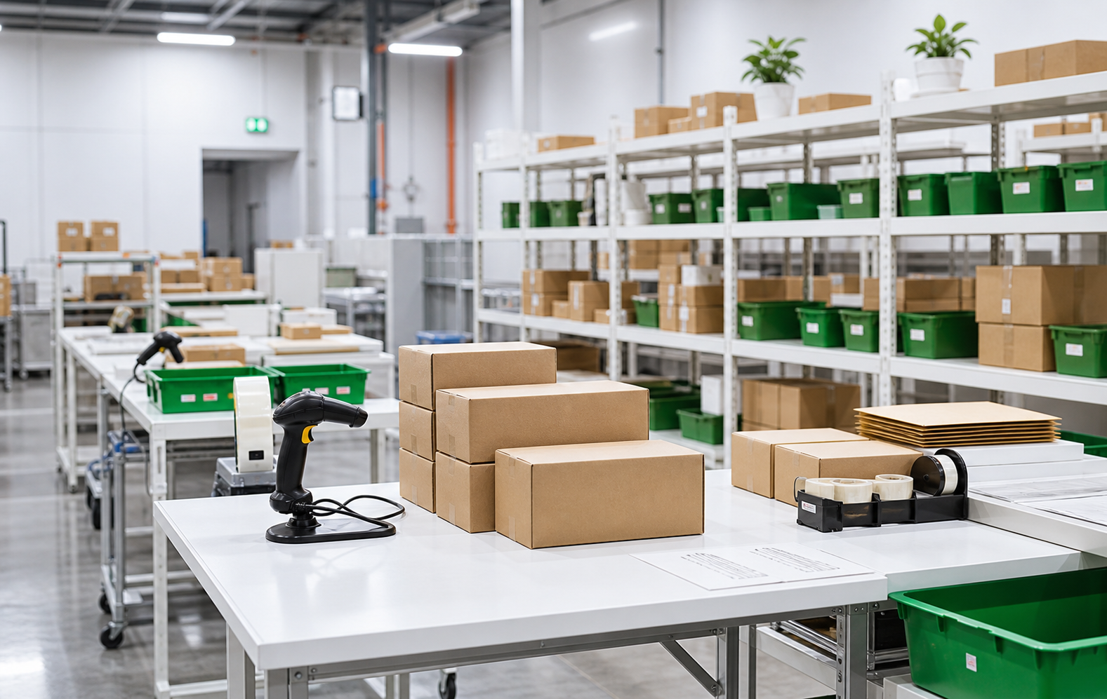 Clean ecommerce packing workstation with boxes and tools arranged neatly
