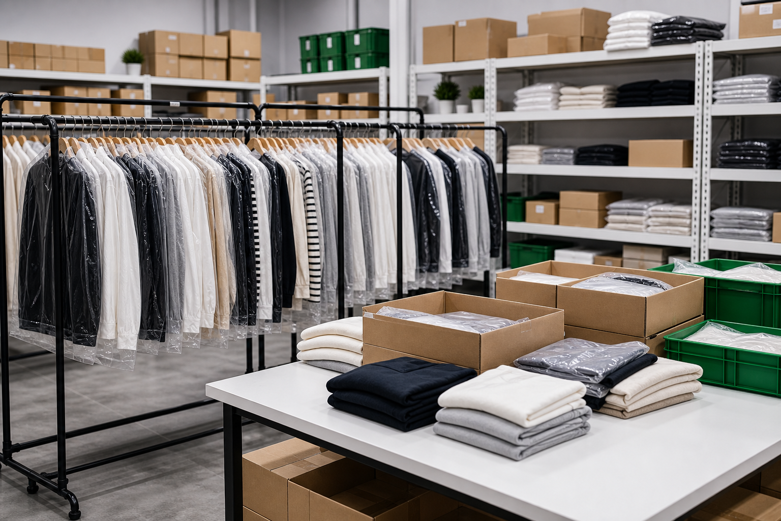 Fashion apparel storage with garment racks, folded clothing, boxes, and green bins