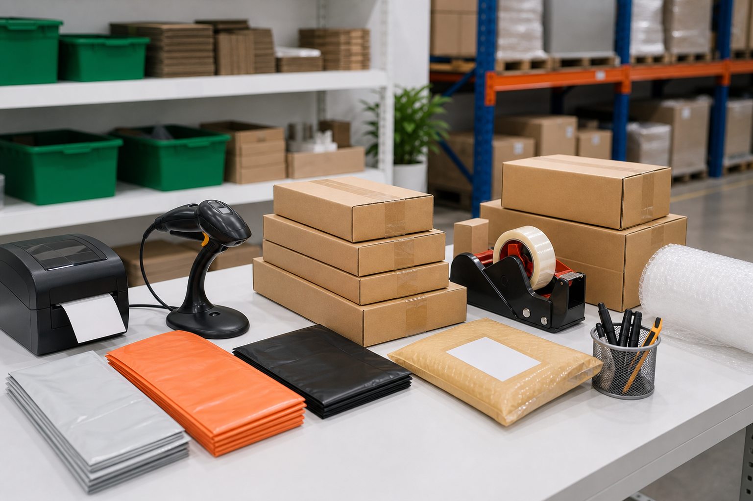 Packing station with parcels, scanner, mailers, tape, and label printer arranged neatly