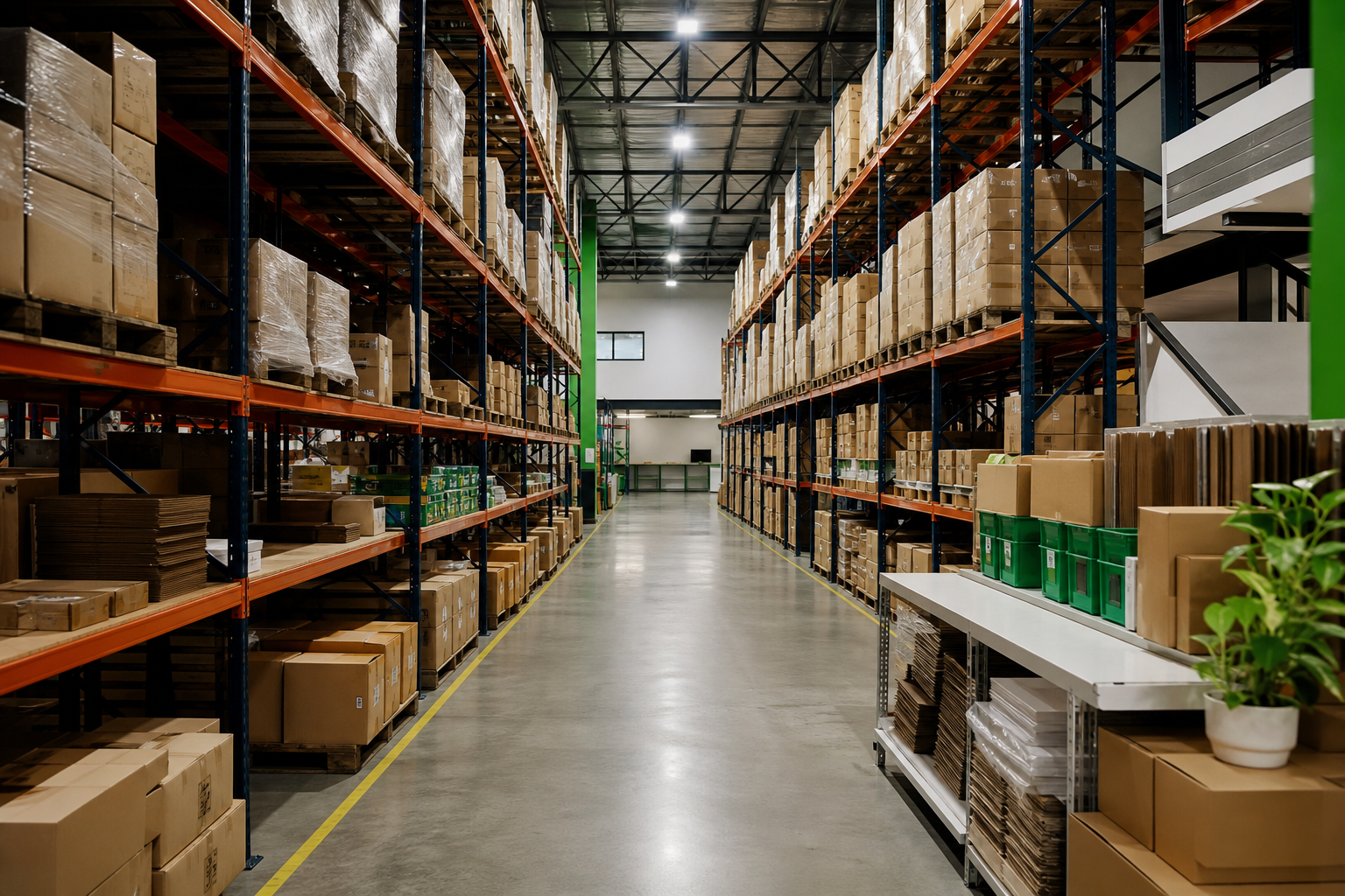 Clean warehouse racking with organized cartons and clear aisles
